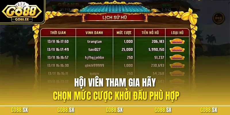Hội viên tham gia hãy chọn mức cược khởi đầu phù hợp